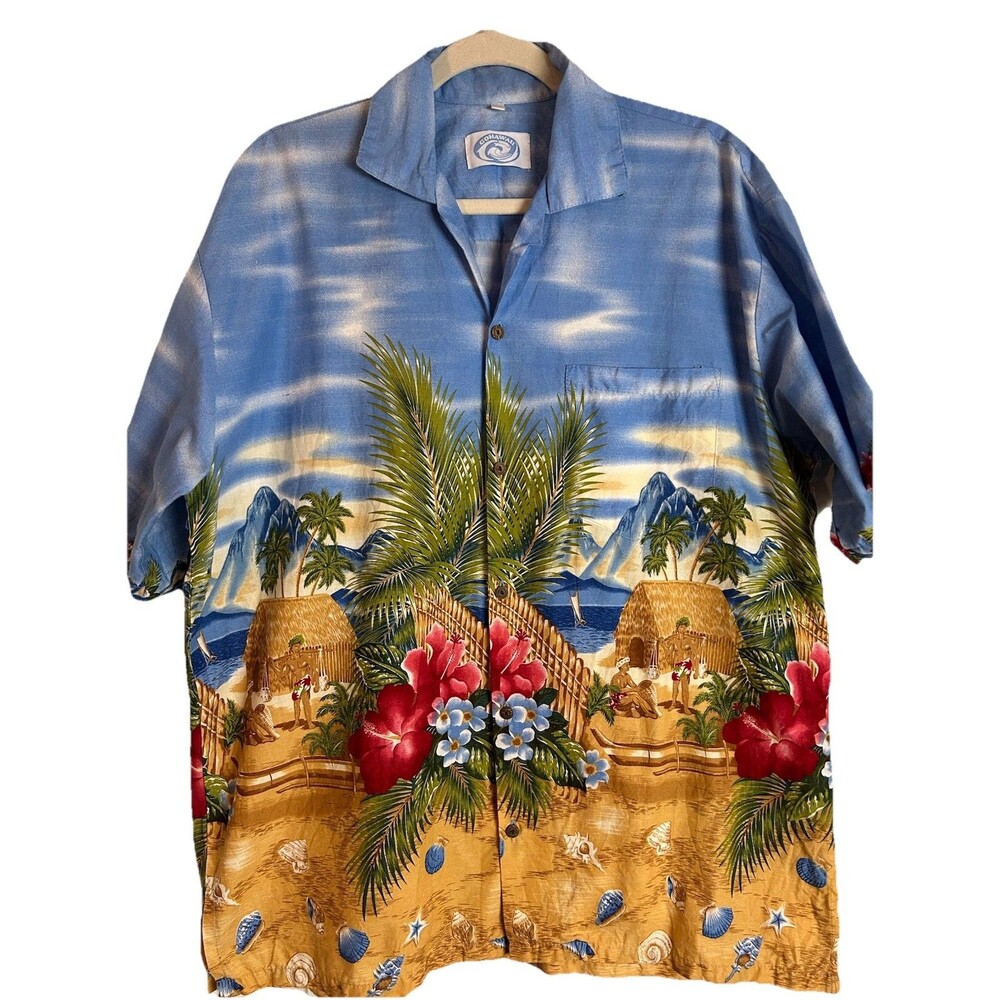 Vintage GoHawaii Short-Sleeve Hawaiian Aloha Shirt Village Beach Scene Men’s XXL